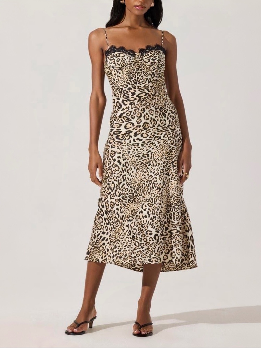Astr Leopard-Print Slip Midi Dress with Black Lace Sz M